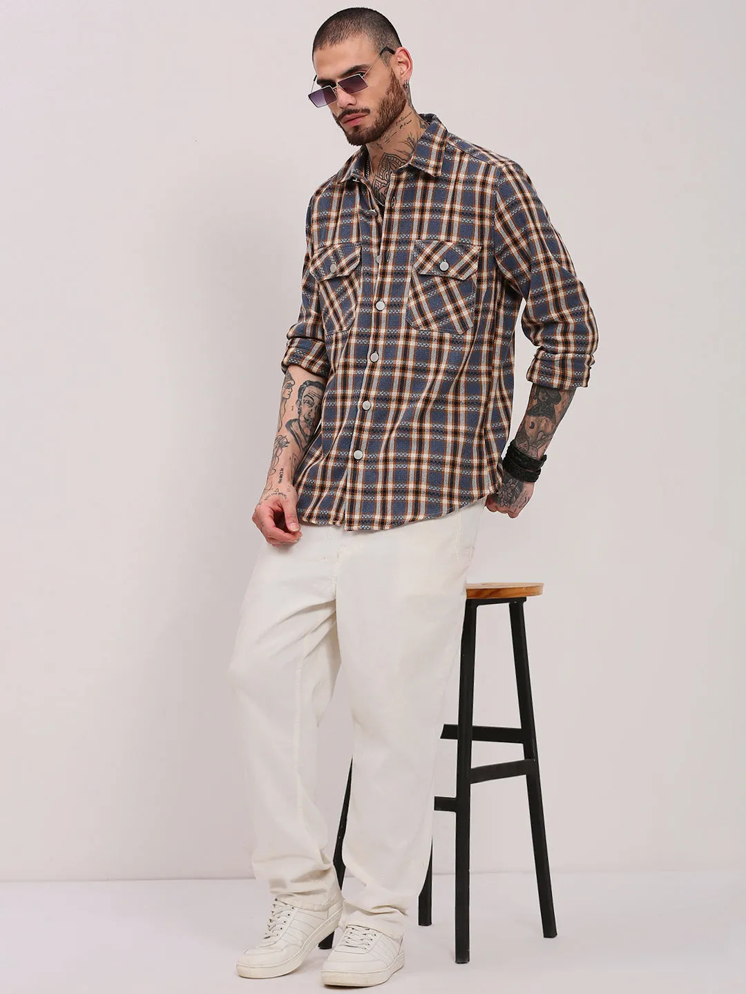 Men Grey Checked Shacket