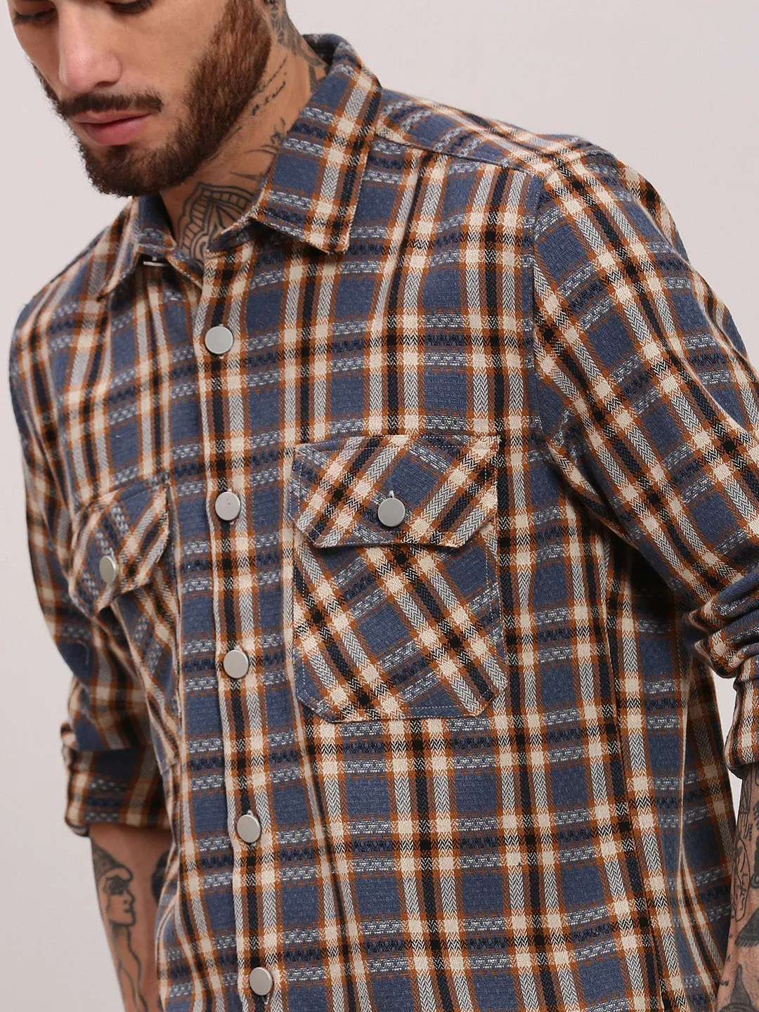 Men Grey Checked Shacket