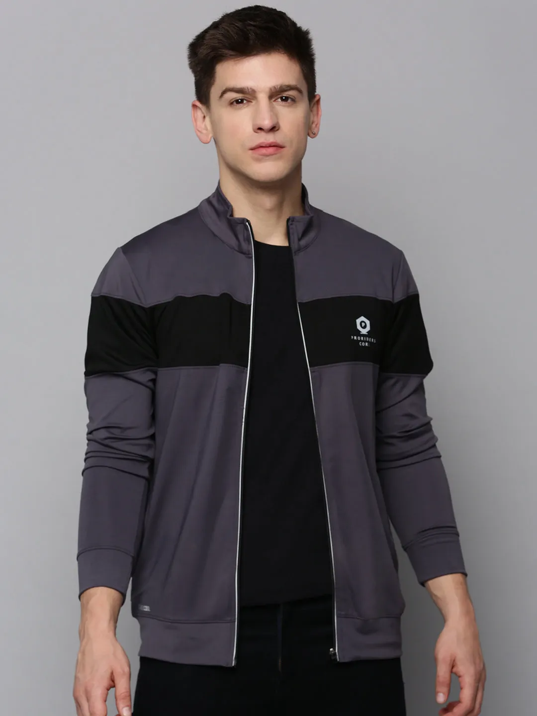 Men Grey Colour blocked Mock Collar Sweatshirt