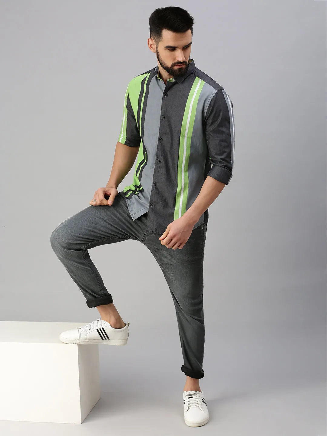 Men Grey Comfort Striped Casual Shirt