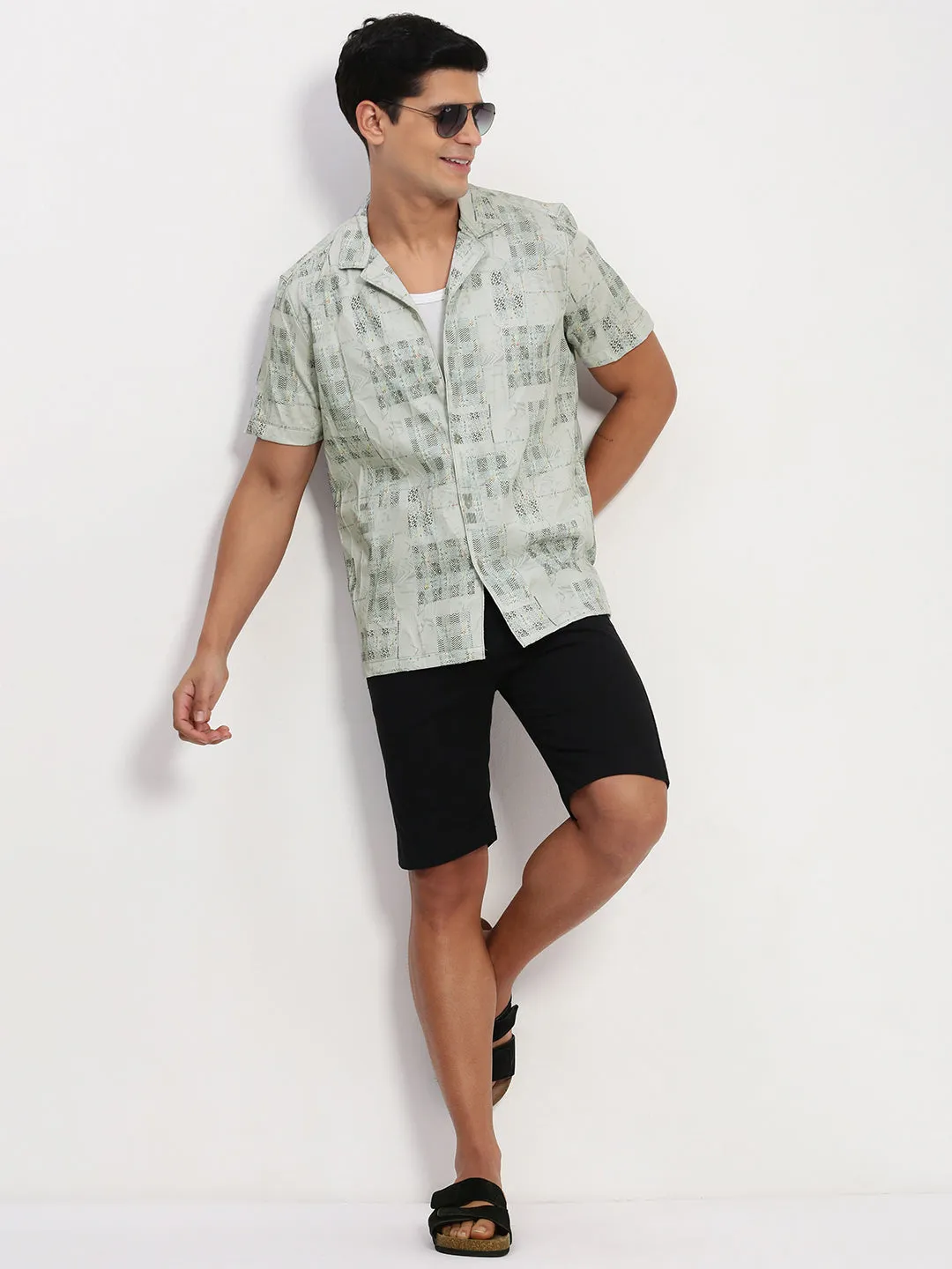 Men Grey Geometric Cuban Collar Shirt