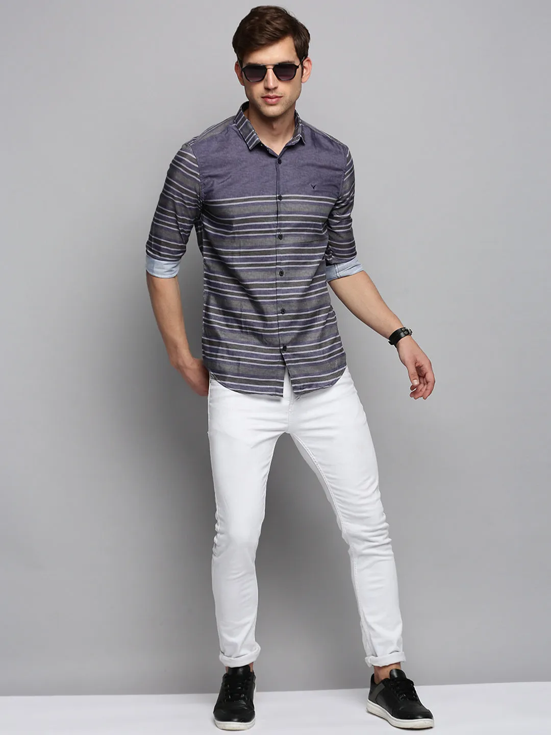 Men Grey Horizontal Stripes Casual Shirt