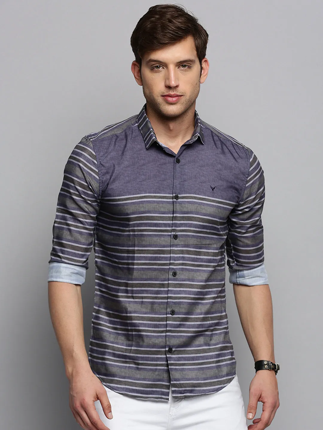 Men Grey Horizontal Stripes Casual Shirt