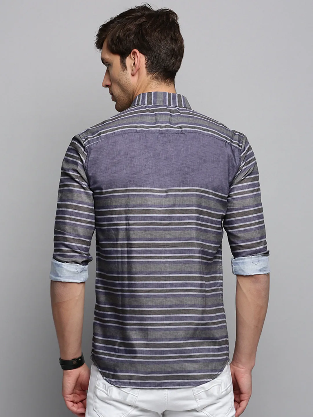 Men Grey Horizontal Stripes Casual Shirt