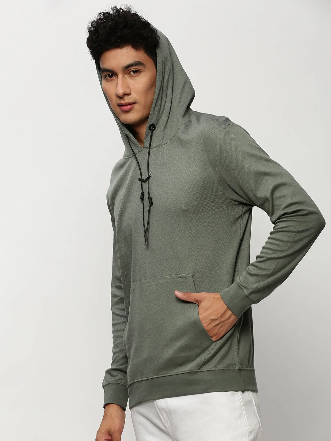 Men Grey Long Sleeves Hooded Cotton Pullover