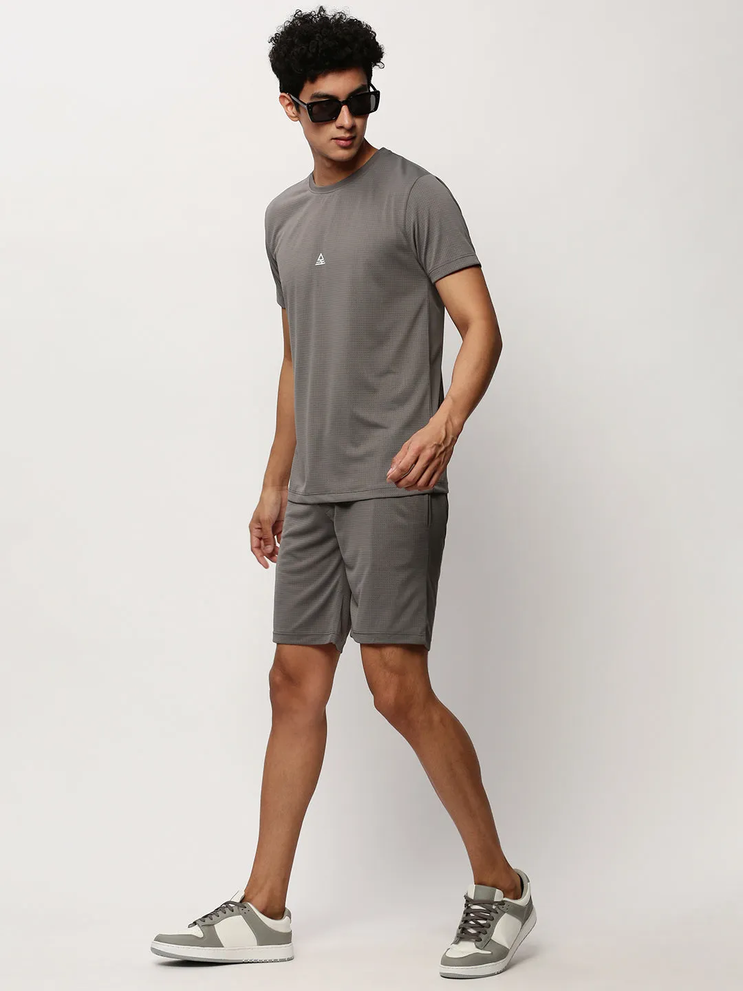 Men Grey Self Design Round Neck T-Shirt & Shorts Co ords Set