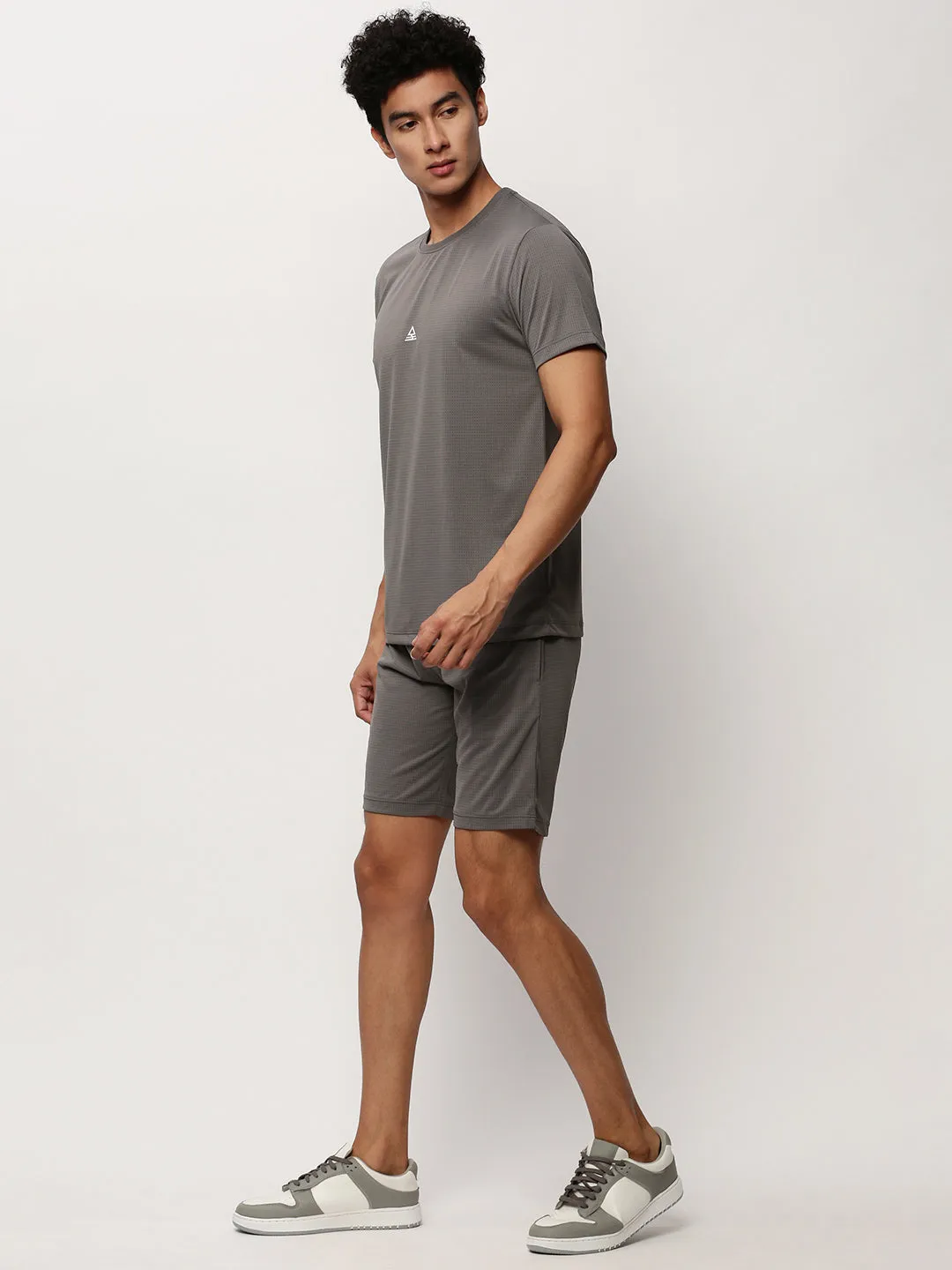 Men Grey Self Design Round Neck T-Shirt & Shorts Co ords Set