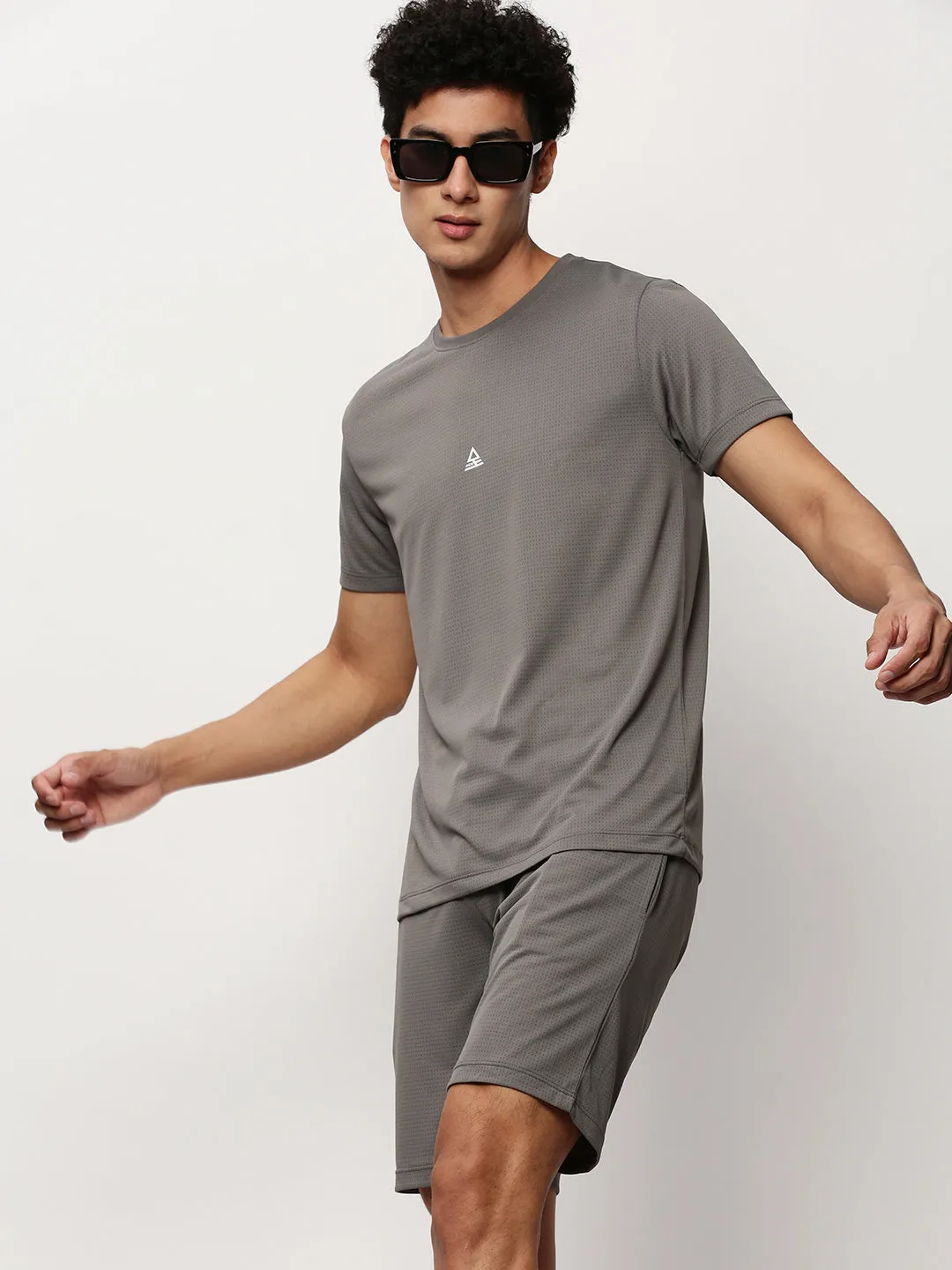 Men Grey Self Design Round Neck T-Shirt & Shorts Co ords Set