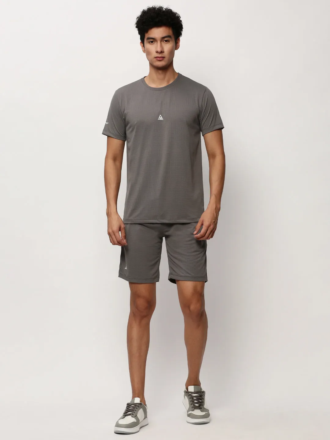 Men Grey Self Design Round Neck T-Shirt & Shorts Co ords Set