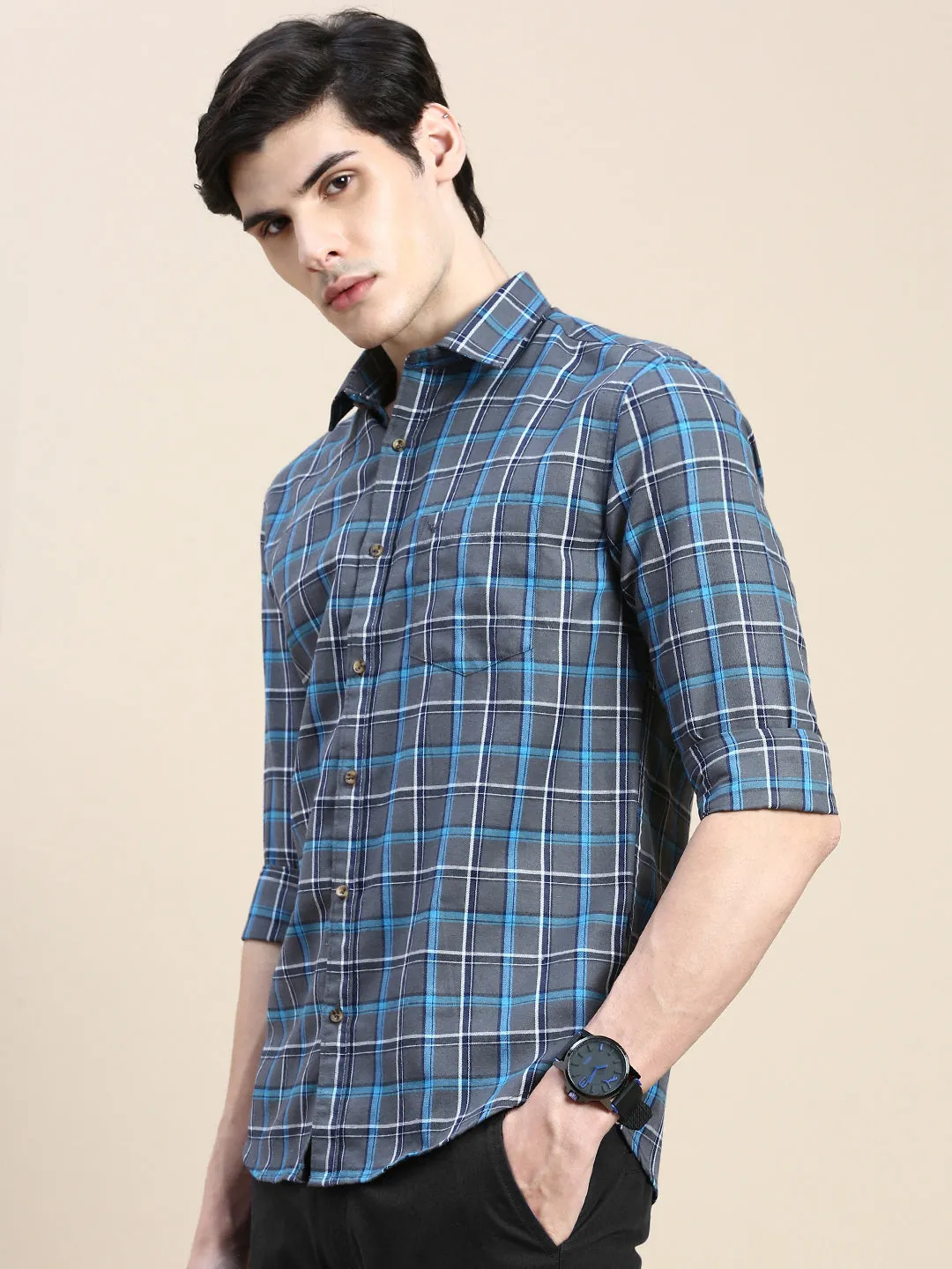 Men Grey Standard Slim Fit Tartan Checked Cotton Casual Shirt