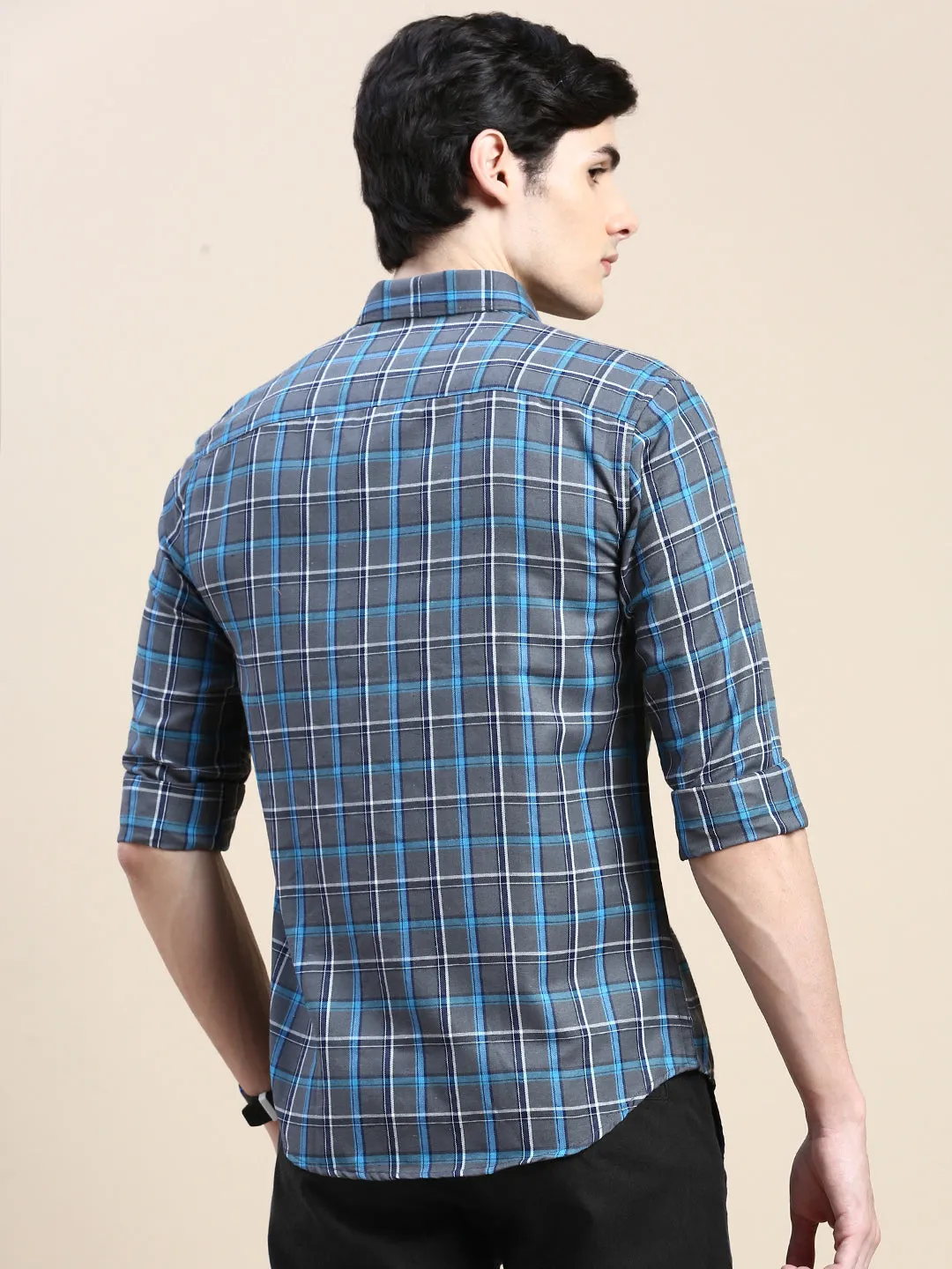 Men Grey Standard Slim Fit Tartan Checked Cotton Casual Shirt