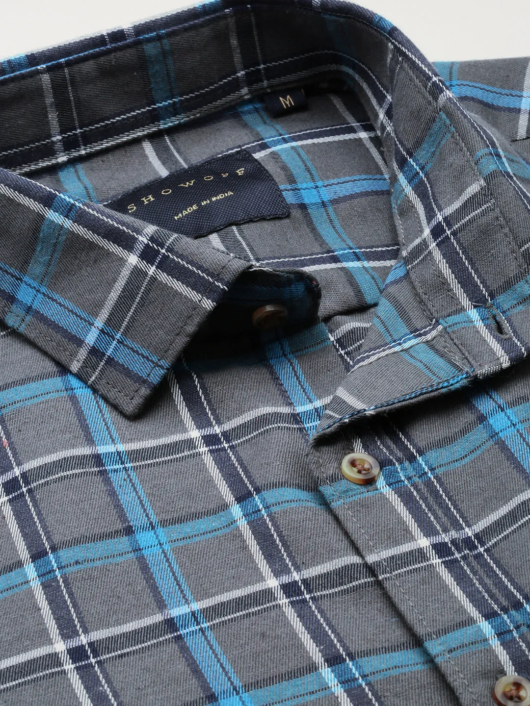 Men Grey Standard Slim Fit Tartan Checked Cotton Casual Shirt
