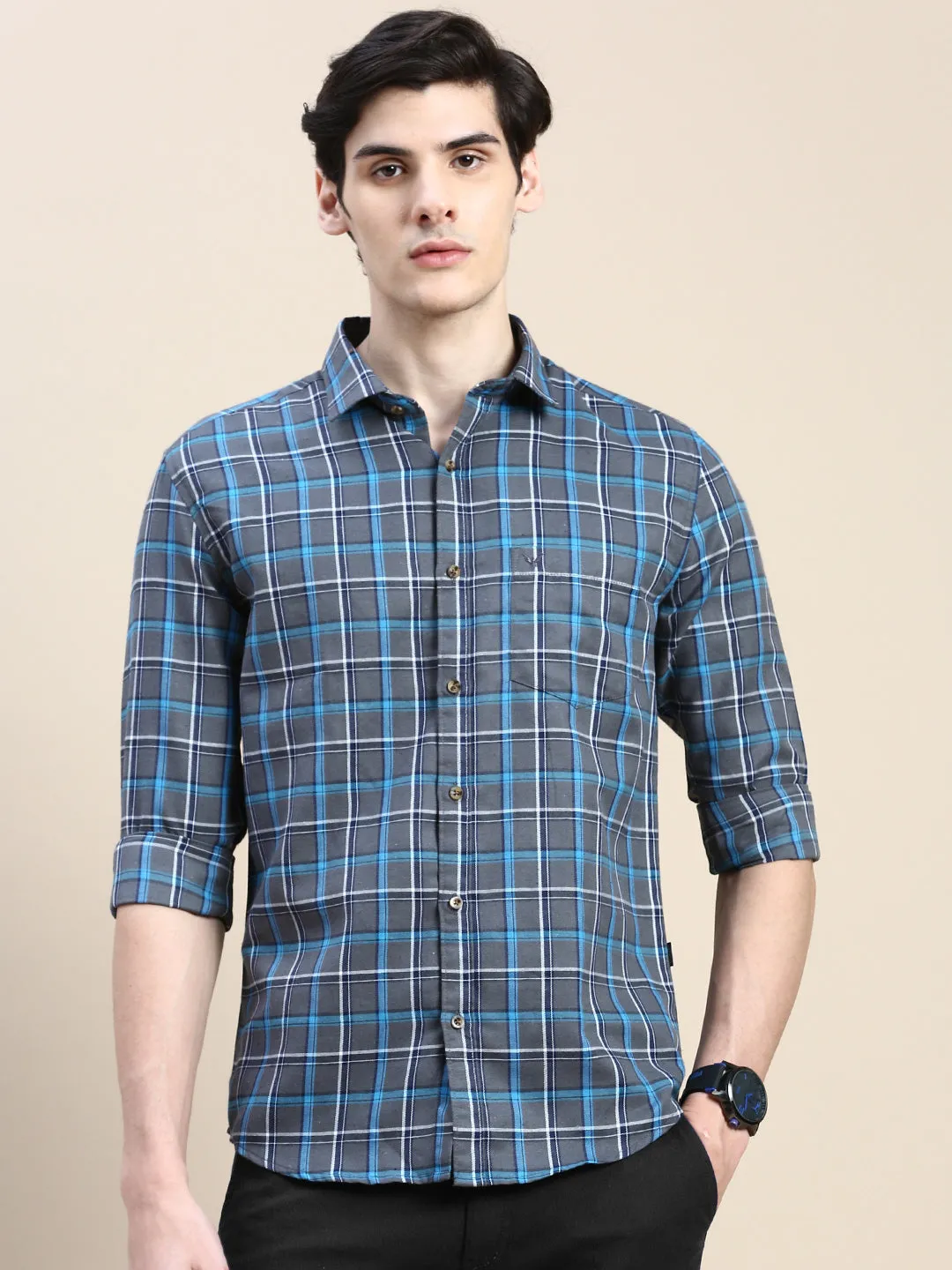 Men Grey Standard Slim Fit Tartan Checked Cotton Casual Shirt