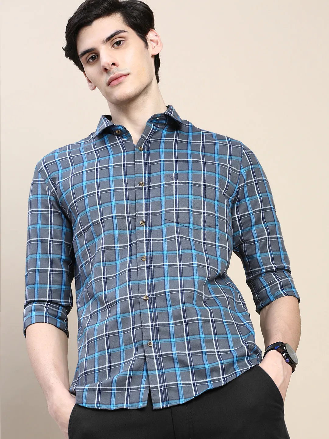 Men Grey Standard Slim Fit Tartan Checked Cotton Casual Shirt