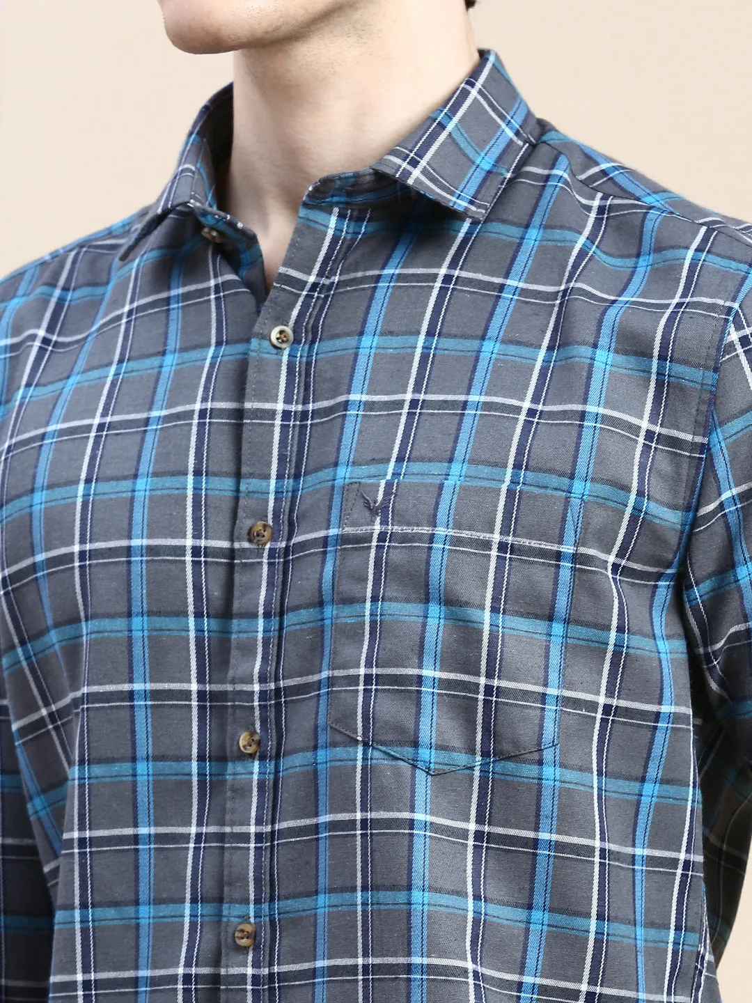 Men Grey Standard Slim Fit Tartan Checked Cotton Casual Shirt