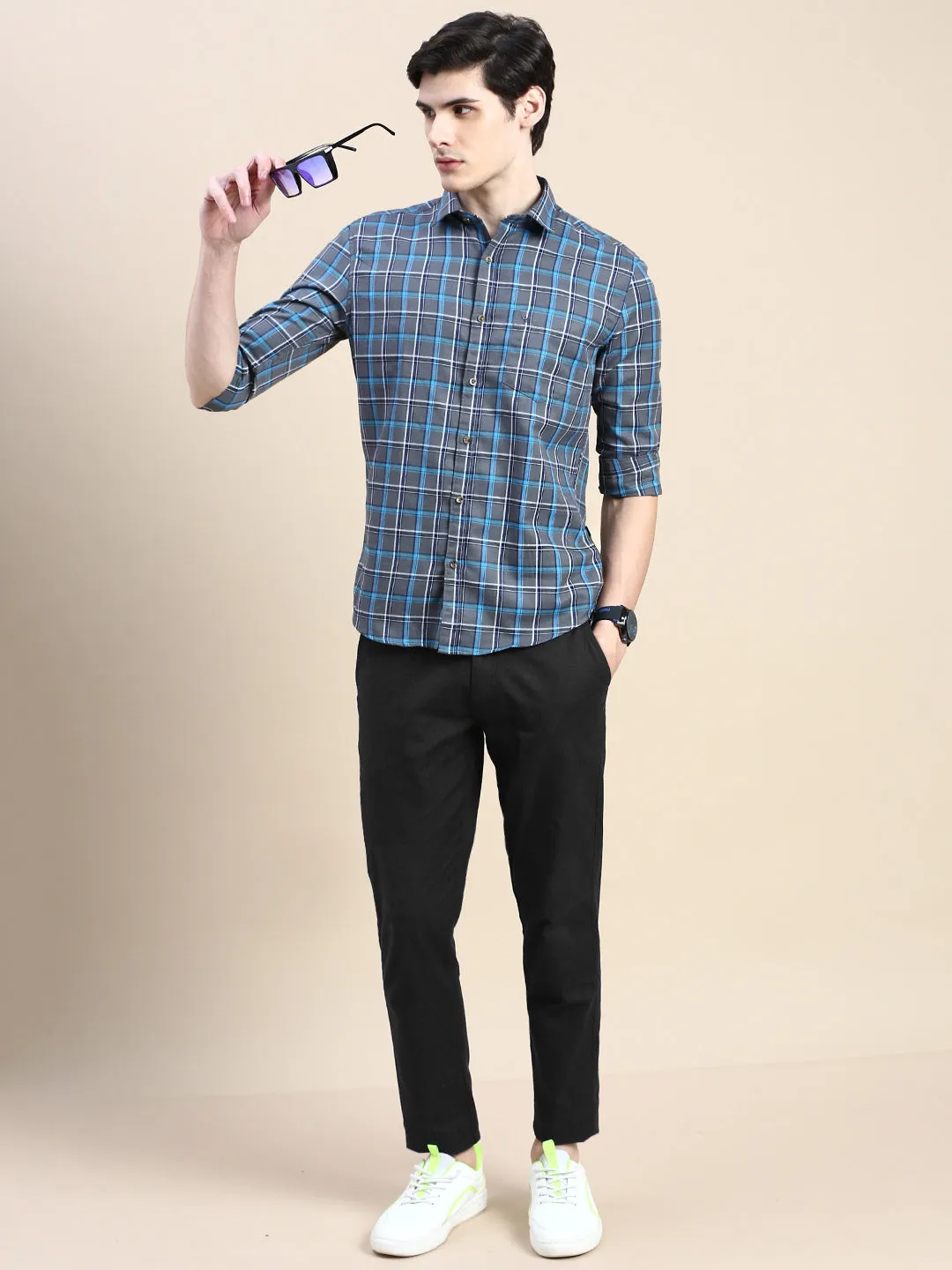 Men Grey Standard Slim Fit Tartan Checked Cotton Casual Shirt