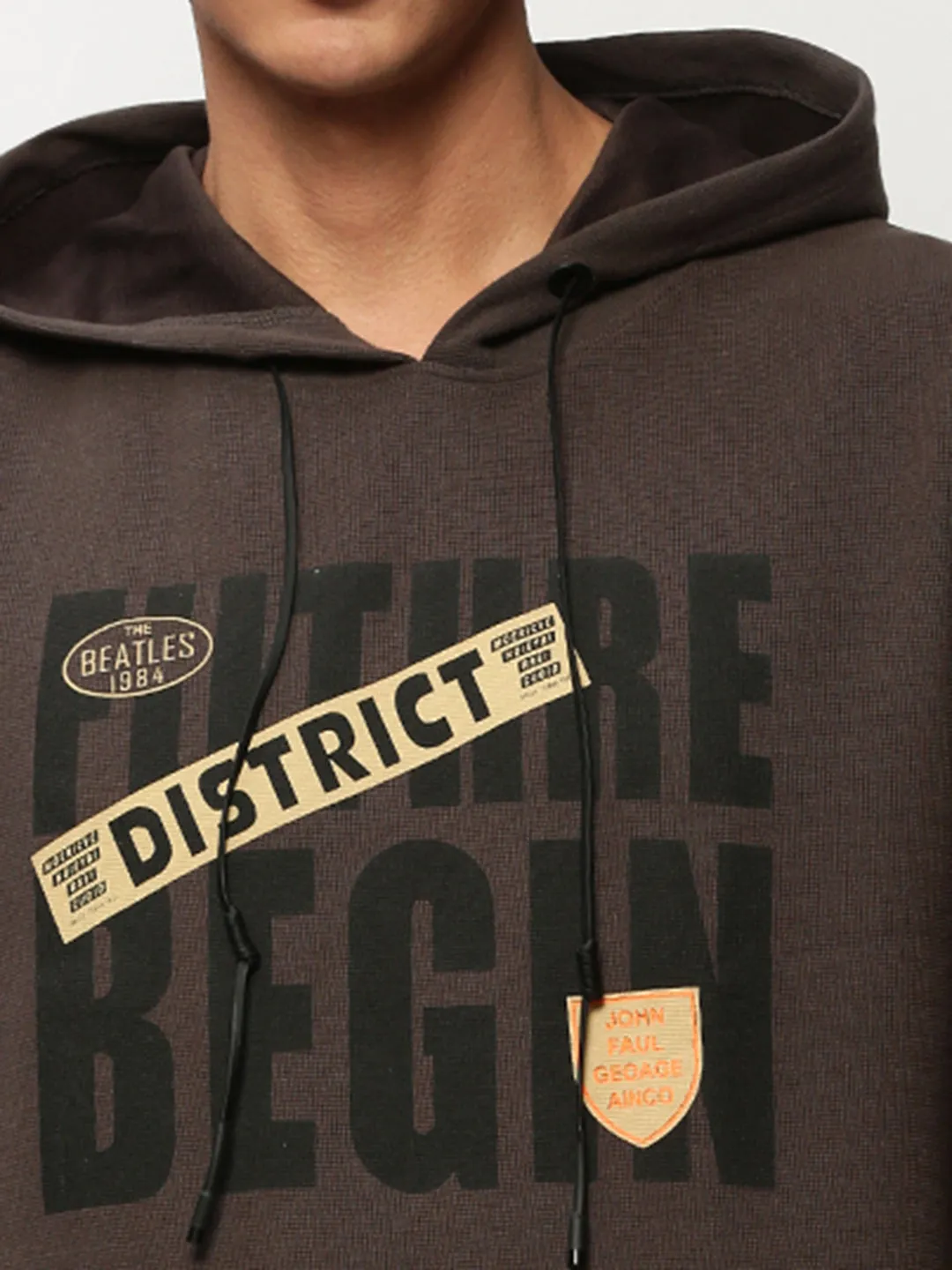 Men Grey Typography Printed Cotton Hooded Sweatshirt