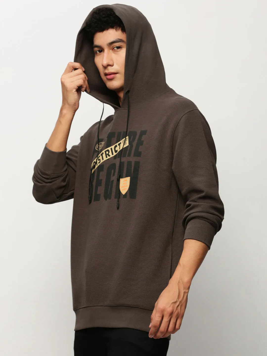 Men Grey Typography Printed Cotton Hooded Sweatshirt