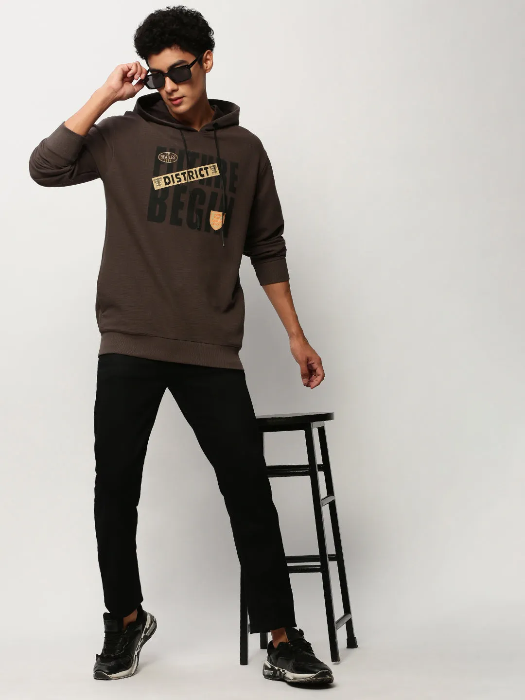 Men Grey Typography Printed Cotton Hooded Sweatshirt