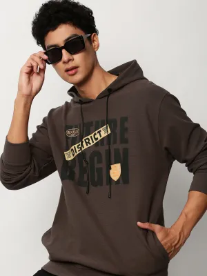 Men Grey Typography Printed Cotton Hooded Sweatshirt