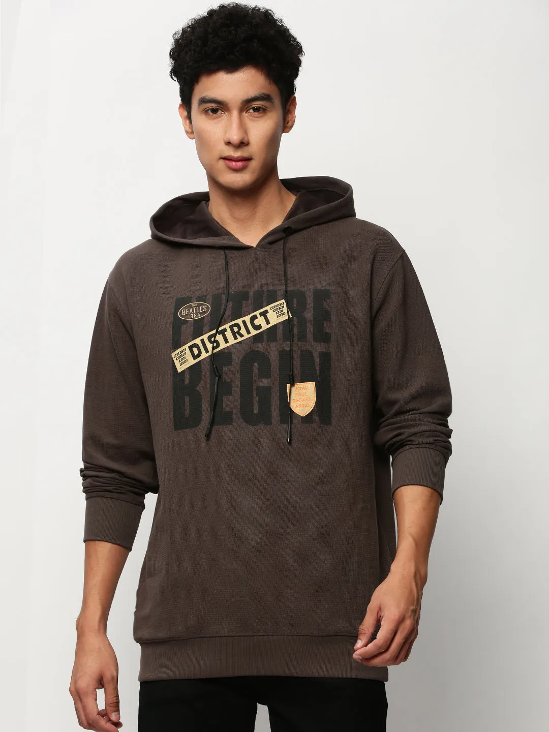 Men Grey Typography Printed Cotton Hooded Sweatshirt