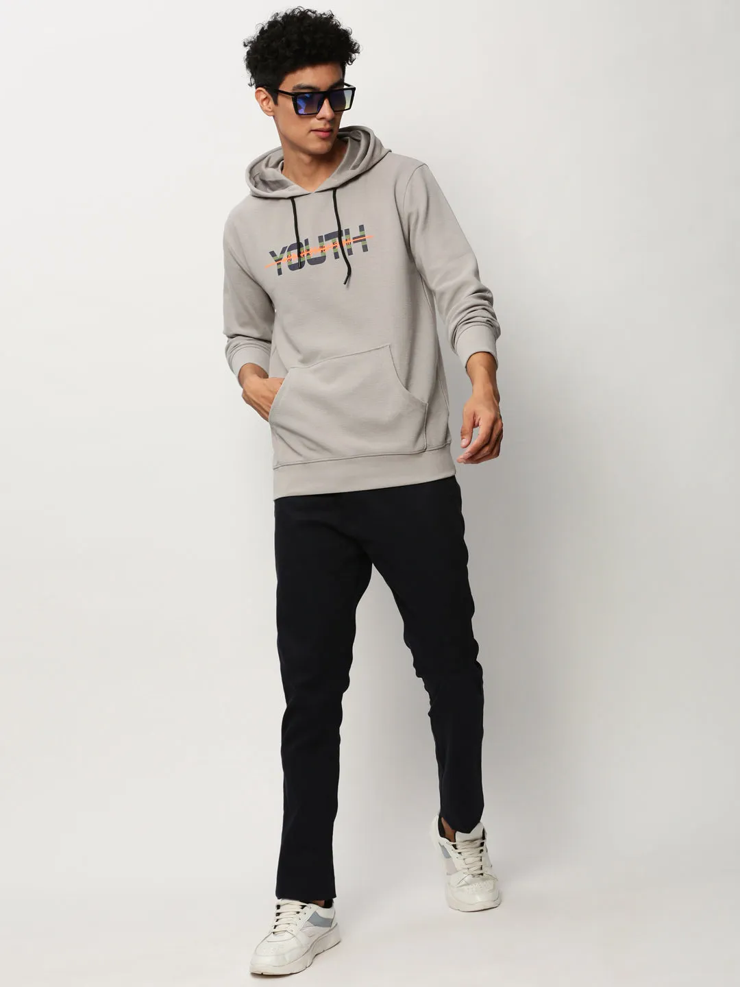 Men Grey Typography Printed Hooded Cotton Sweatshirt