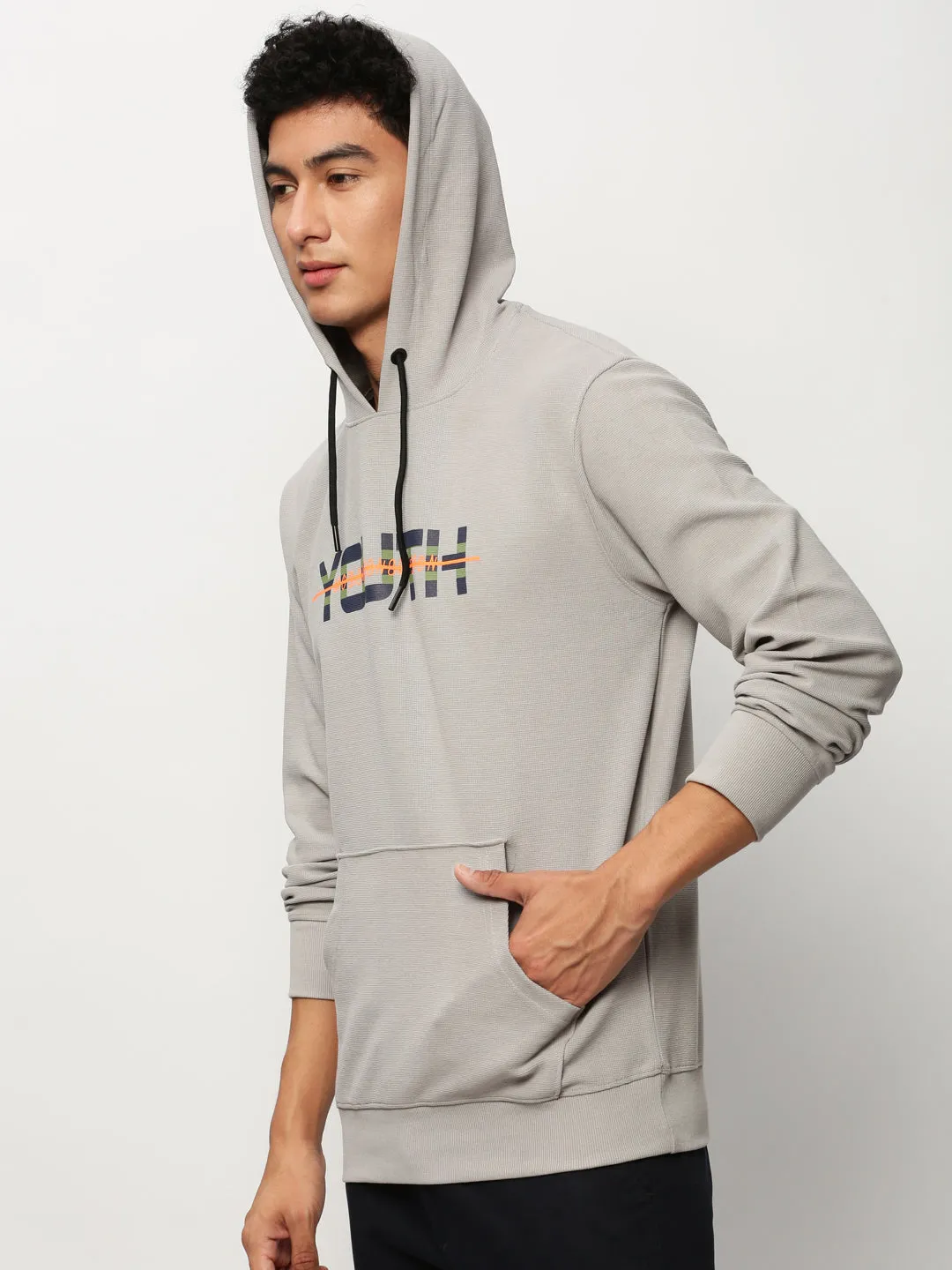 Men Grey Typography Printed Hooded Cotton Sweatshirt