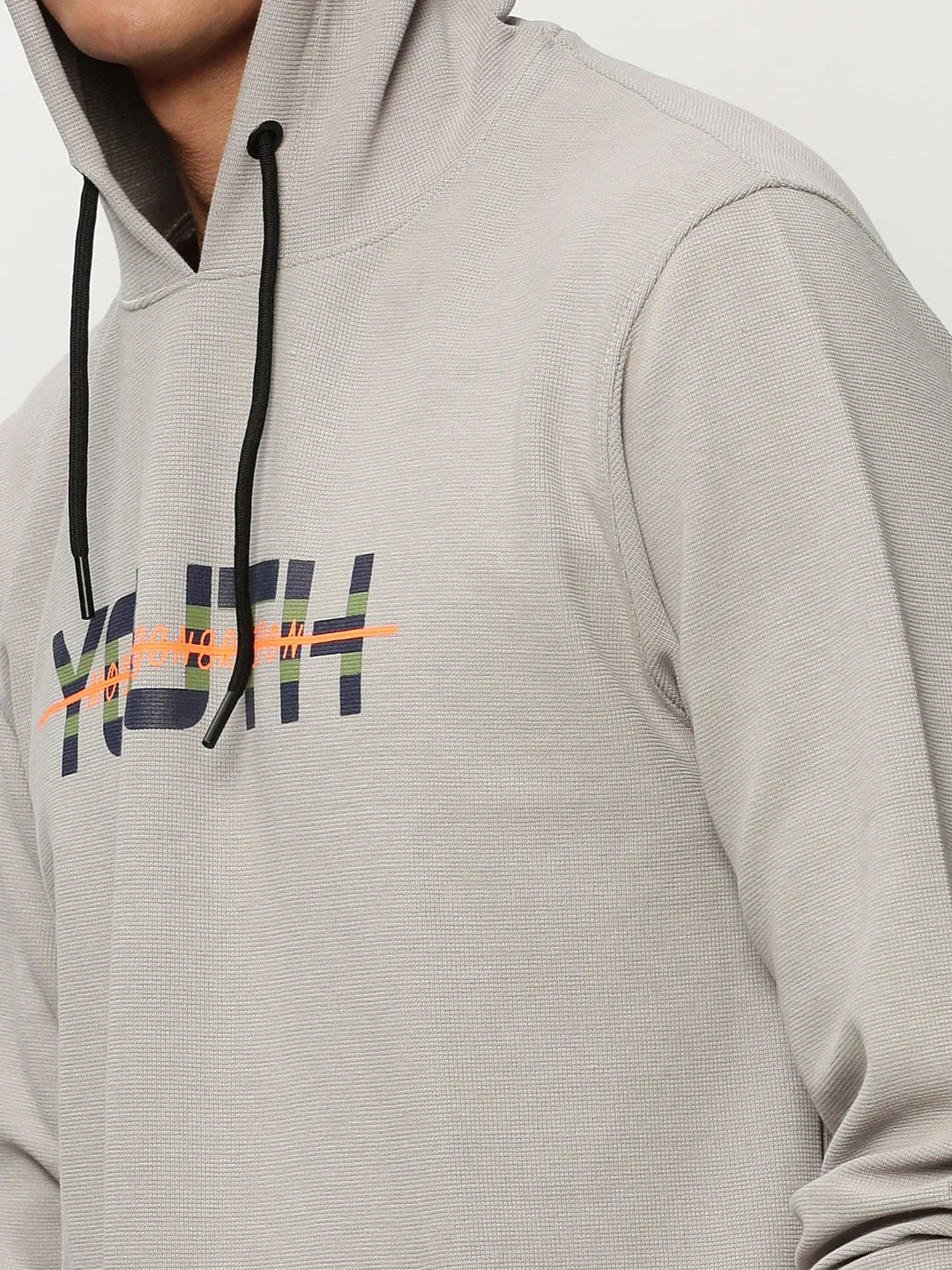 Men Grey Typography Printed Hooded Cotton Sweatshirt