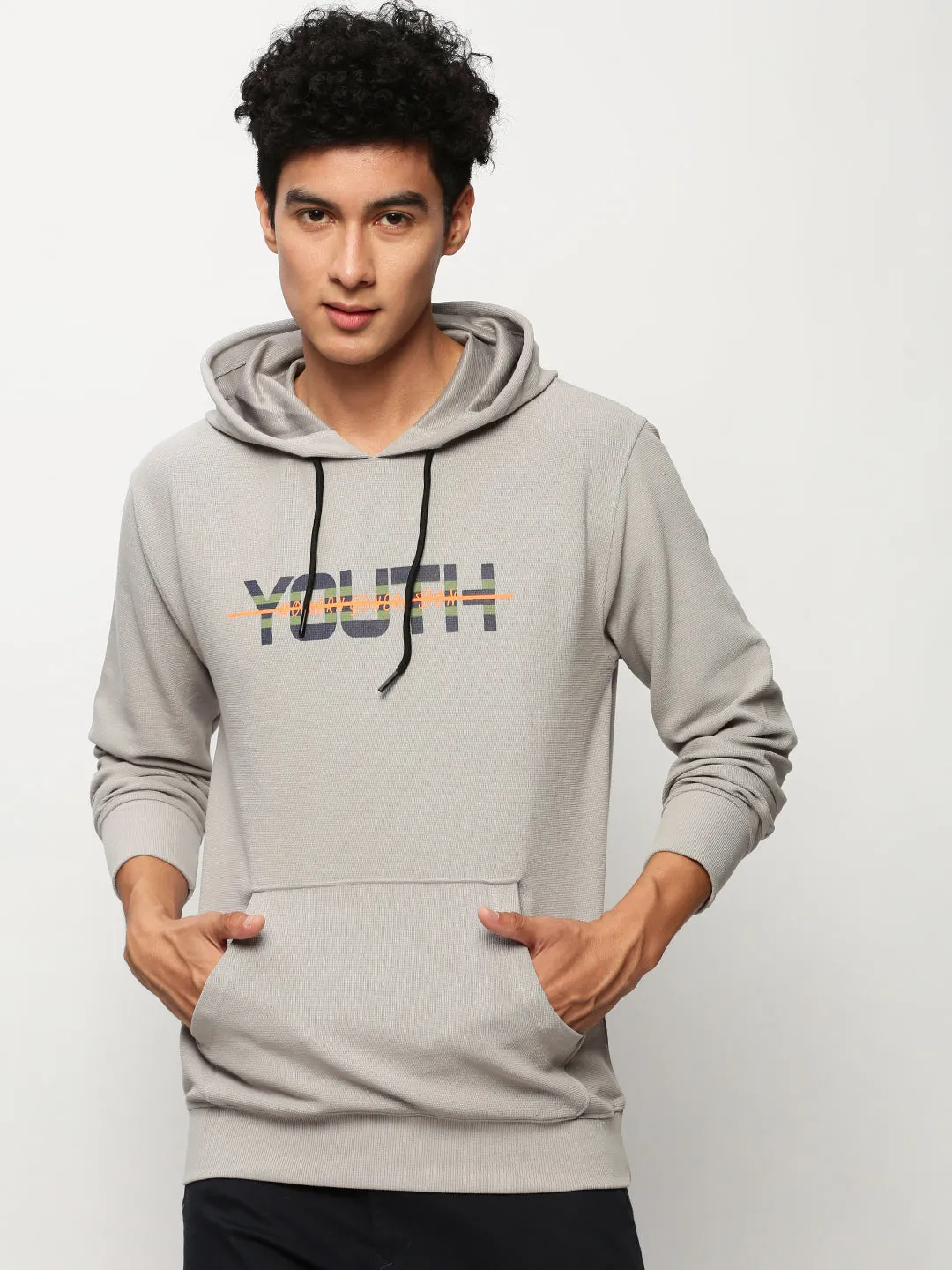 Men Grey Typography Printed Hooded Cotton Sweatshirt