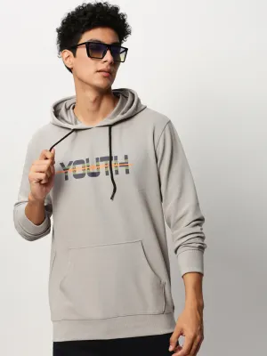 Men Grey Typography Printed Hooded Cotton Sweatshirt