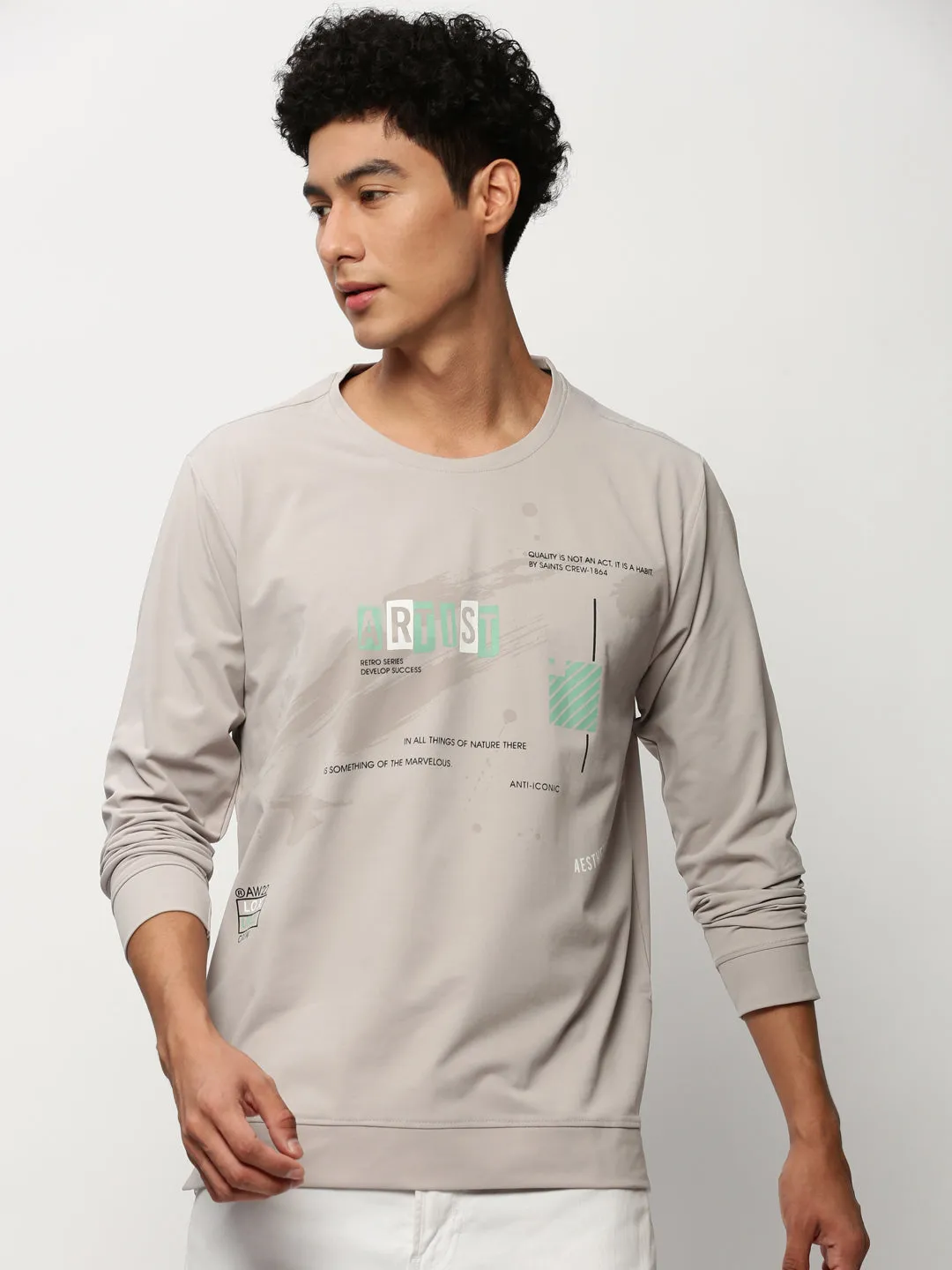 Men Grey Typography Printed Pullover Cotton Sweatshirt