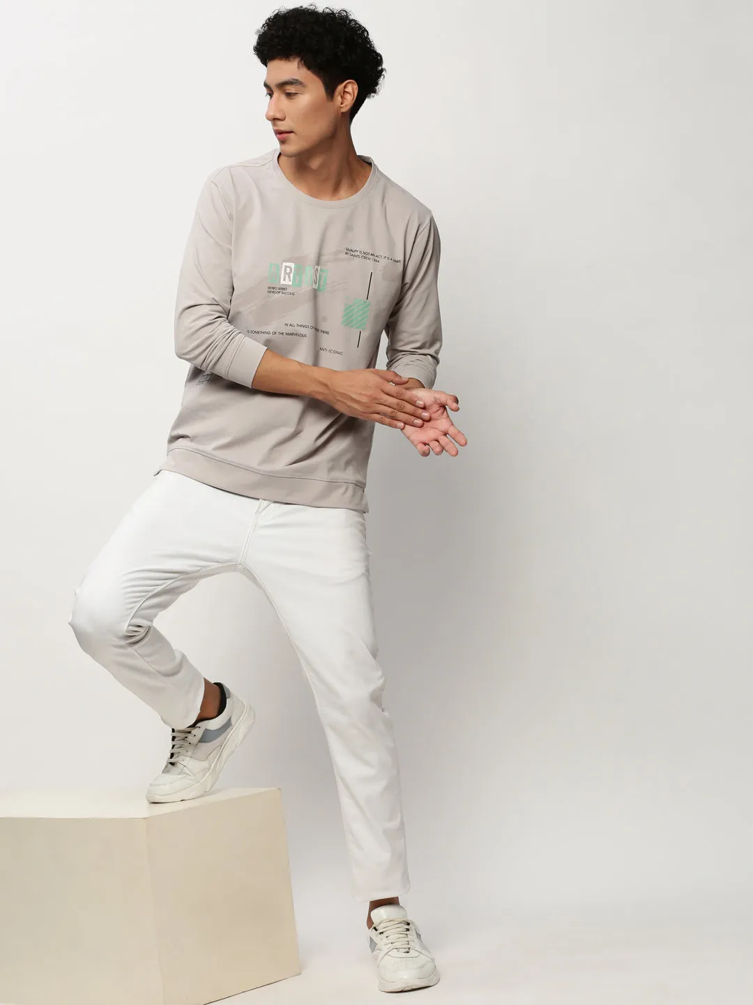 Men Grey Typography Printed Pullover Cotton Sweatshirt