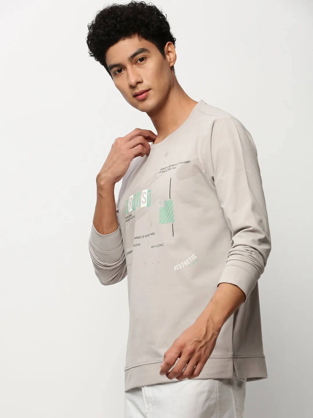 Men Grey Typography Printed Pullover Cotton Sweatshirt