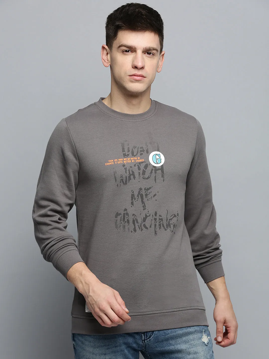 Men Grey Typography Printed Pullover Sweatshirt