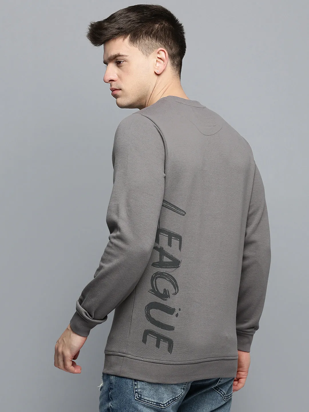 Men Grey Typography Printed Pullover Sweatshirt