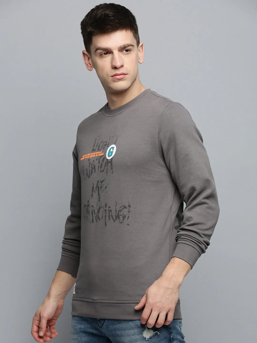 Men Grey Typography Printed Pullover Sweatshirt