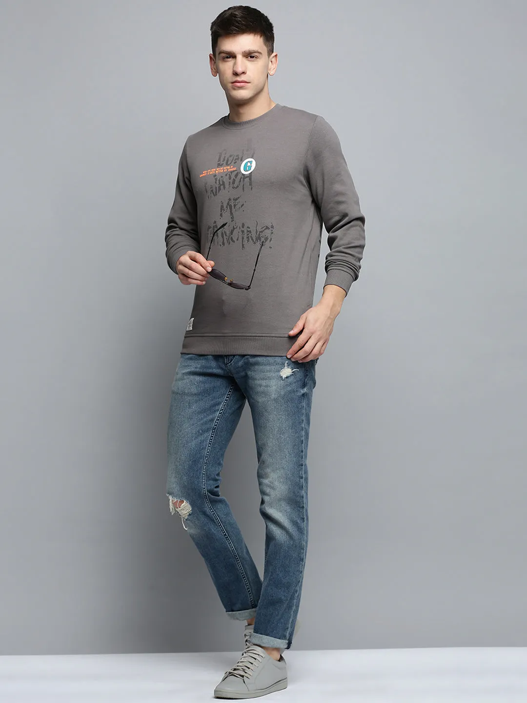 Men Grey Typography Printed Pullover Sweatshirt