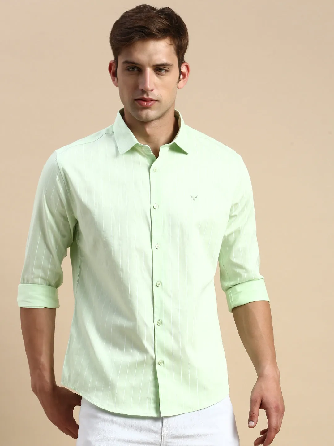 Men Lime Green Comfort Vertical Striped Cotton Casual Shirt