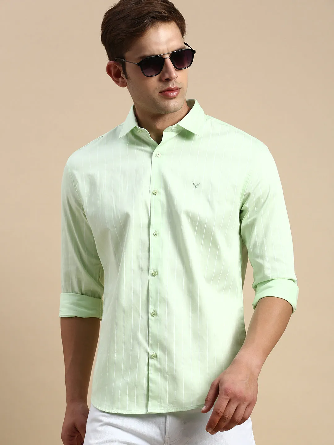 Men Lime Green Comfort Vertical Striped Cotton Casual Shirt