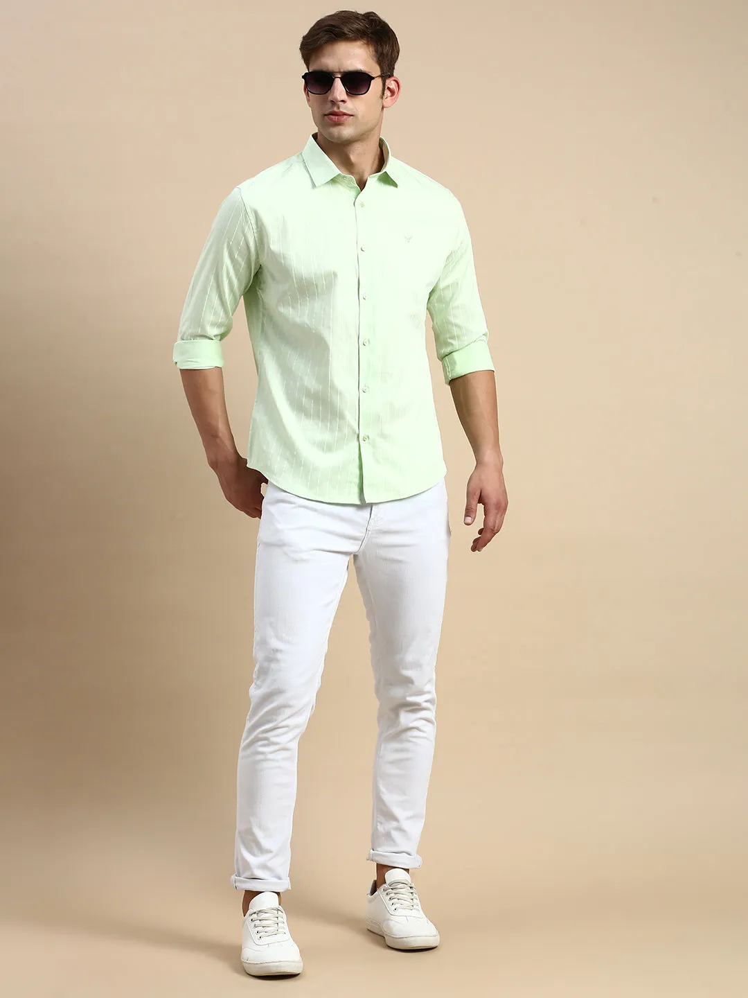 Men Lime Green Comfort Vertical Striped Cotton Casual Shirt