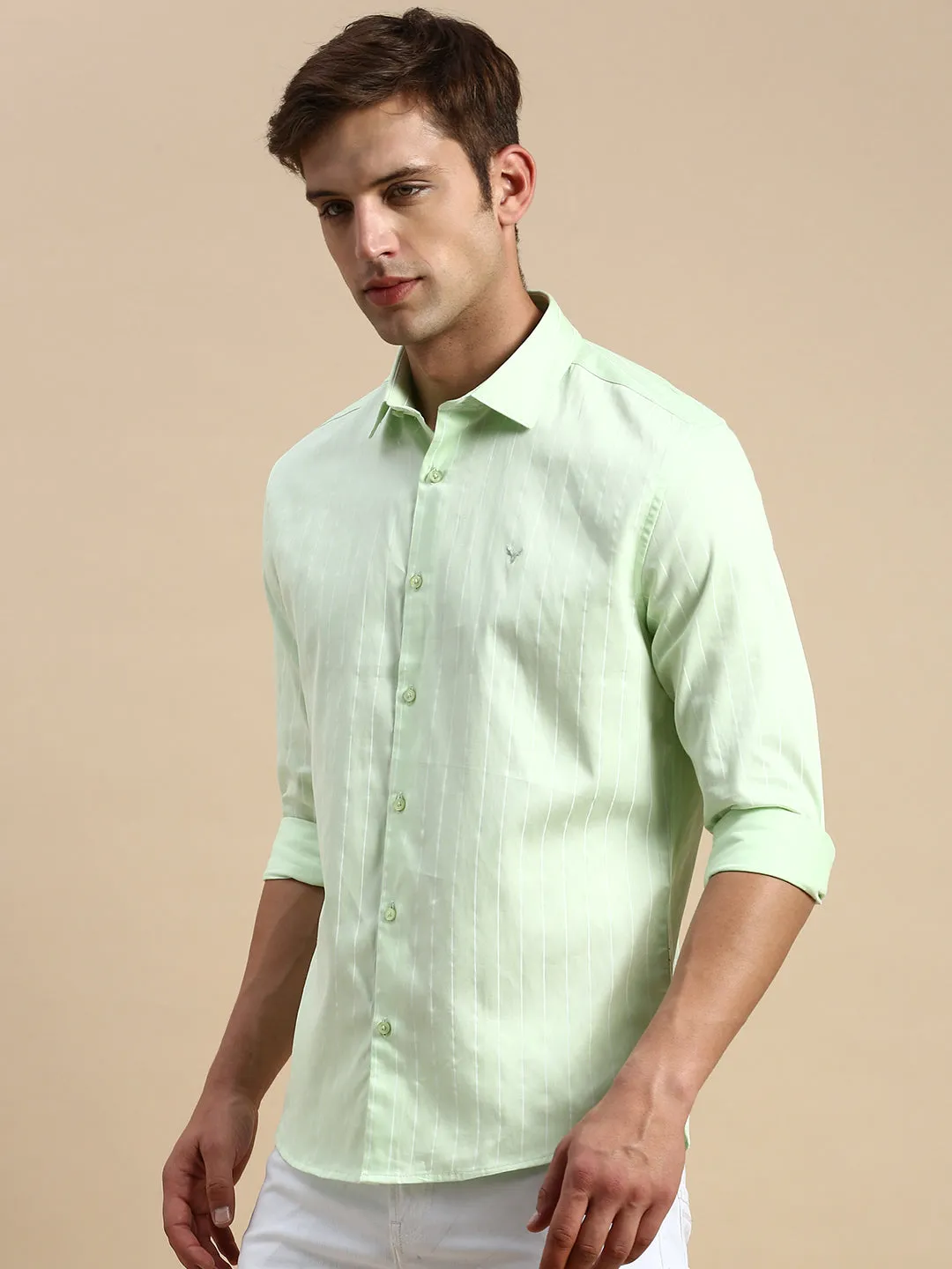 Men Lime Green Comfort Vertical Striped Cotton Casual Shirt
