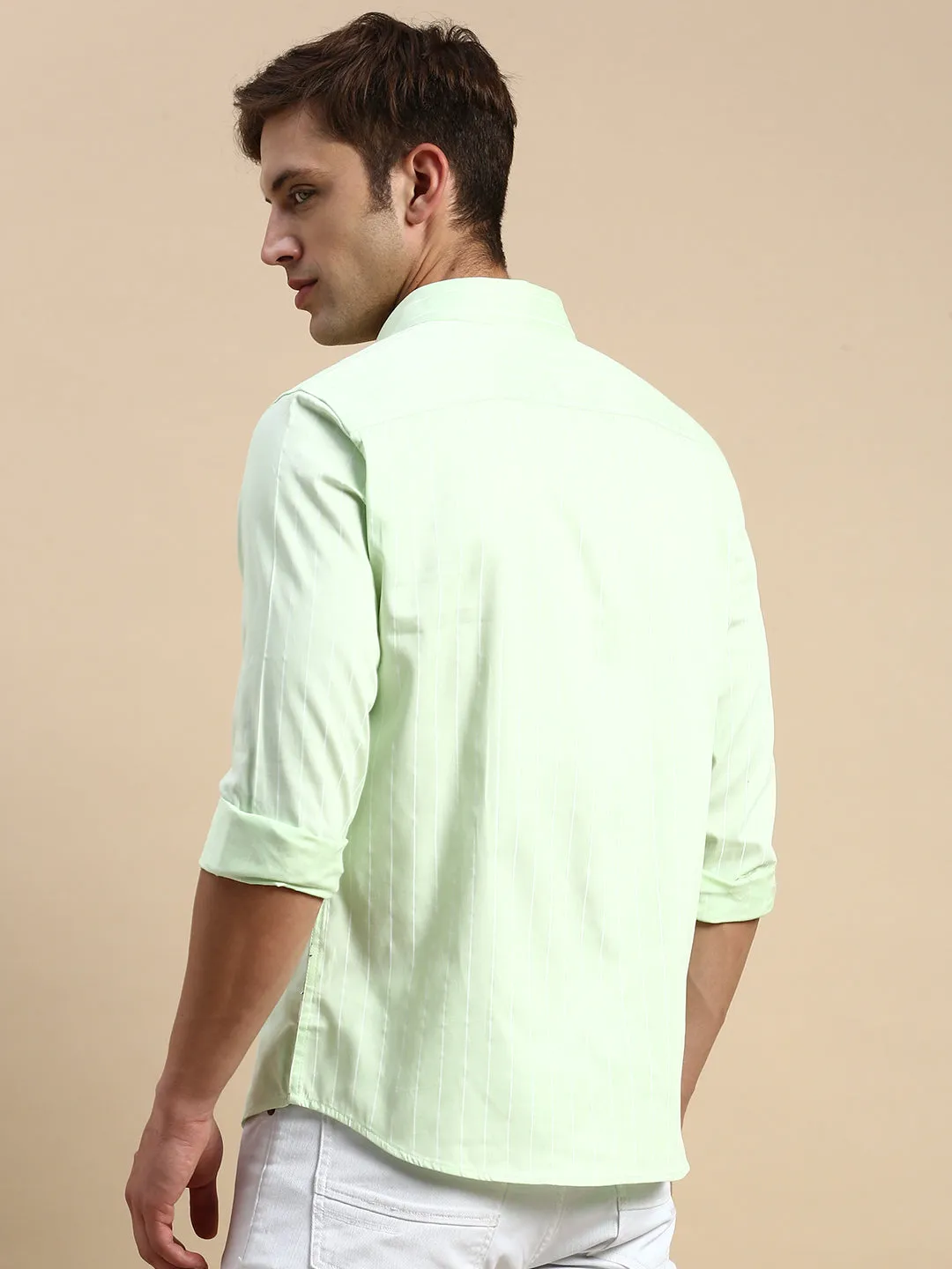 Men Lime Green Comfort Vertical Striped Cotton Casual Shirt