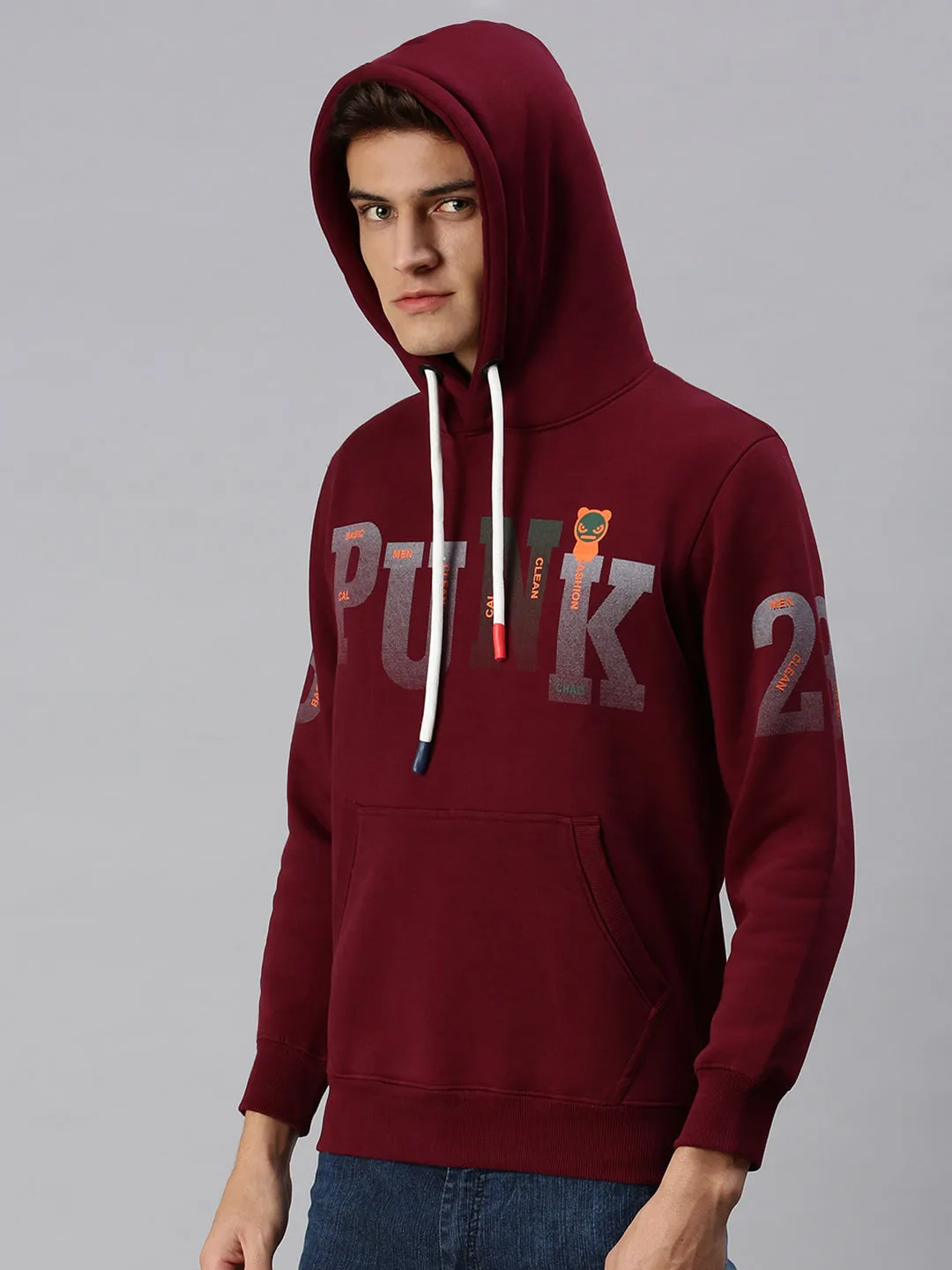 Men Maroon Graphic Print Hooded Sweatshirt
