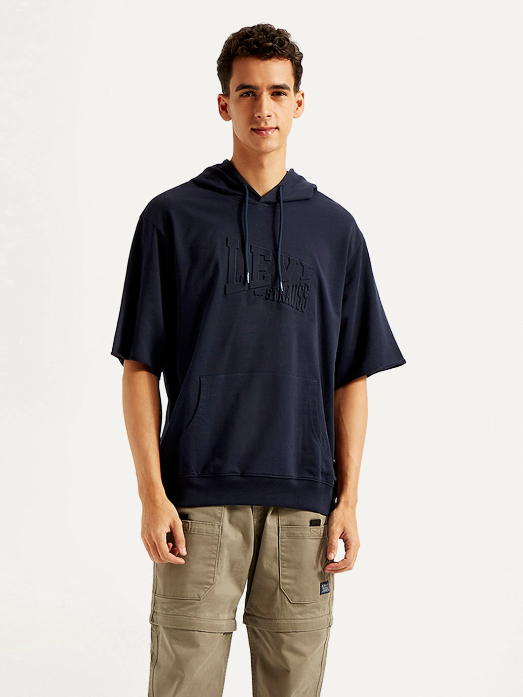 Men's Embossed Navy Hooded Sweatshirt