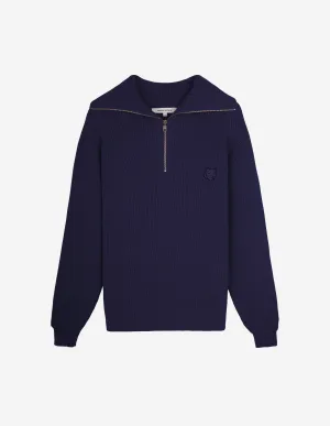 Men's Bold Fox Head Patch Half Zip Ribbed Jumper Paper Ink Blue