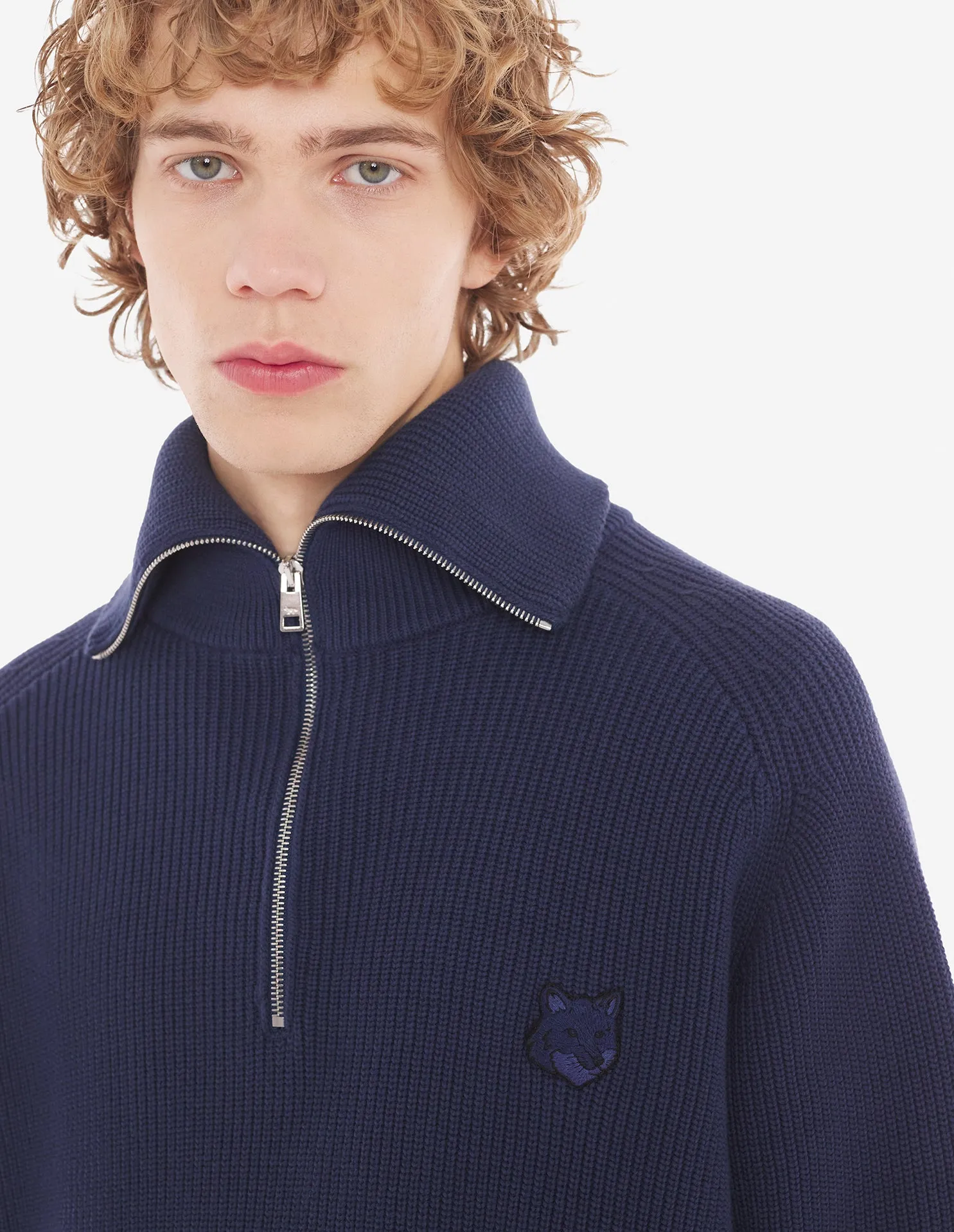 Men's Bold Fox Head Patch Half Zip Ribbed Jumper Paper Ink Blue