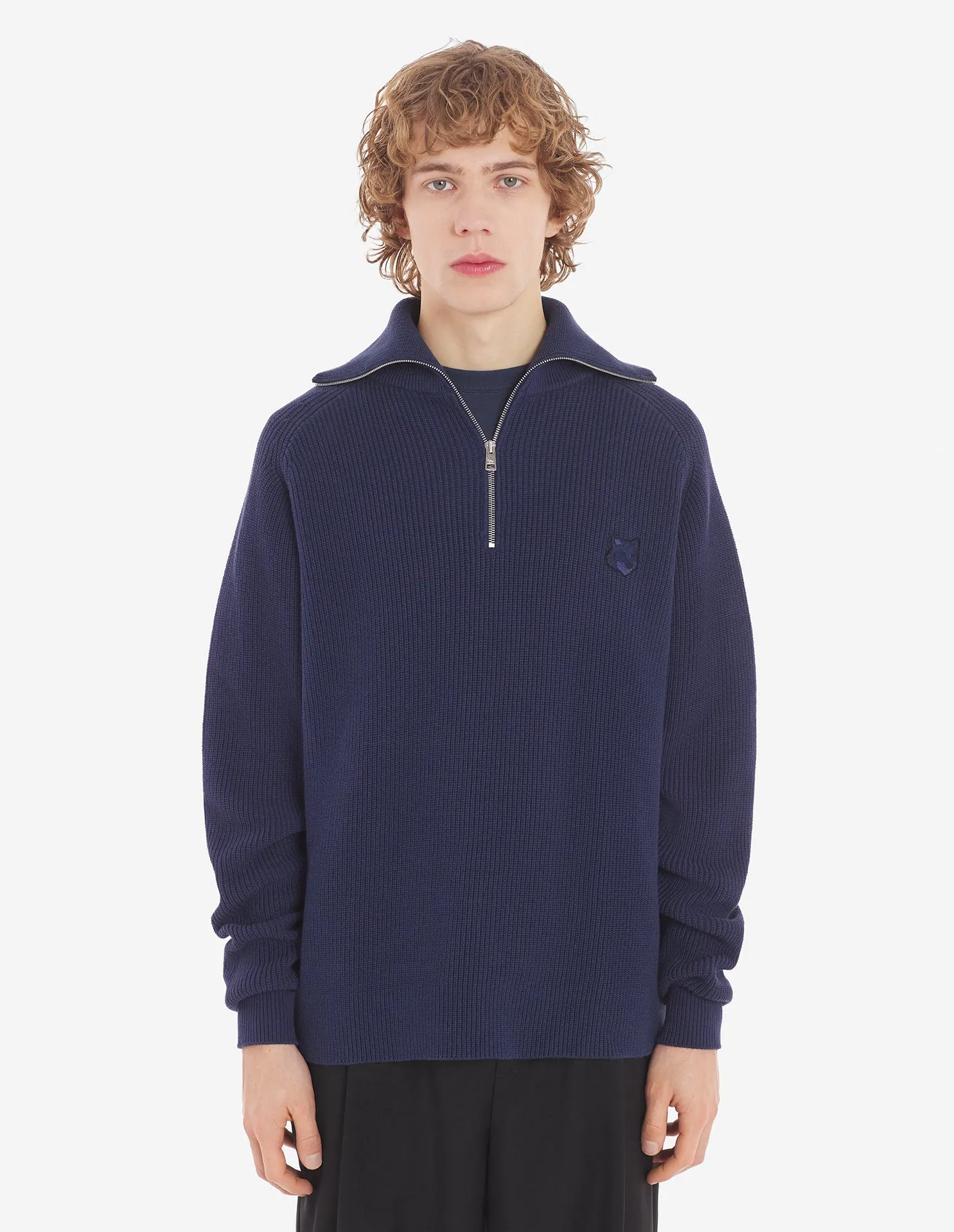 Men's Bold Fox Head Patch Half Zip Ribbed Jumper Paper Ink Blue
