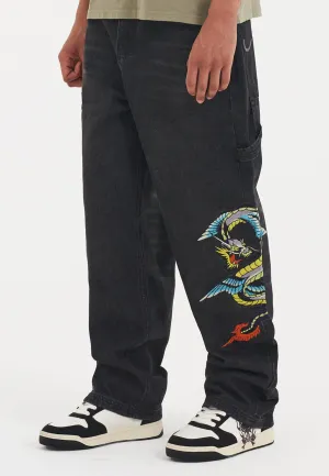 Mens Flying Dragon Carpenter Denim Trousers Jeans - Black