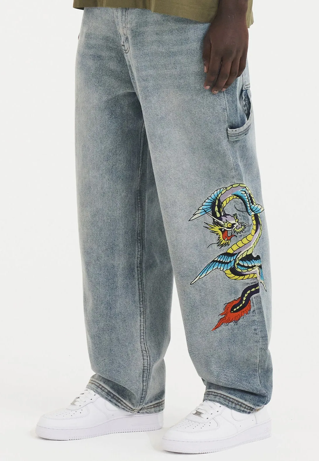 Mens Flying Dragon Carpenter Denim Trousers Jeans - Blue