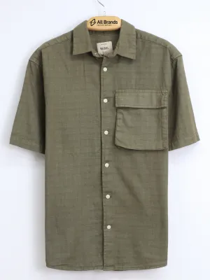 Men's One Side Pocket Textured Chemise,Olive Green